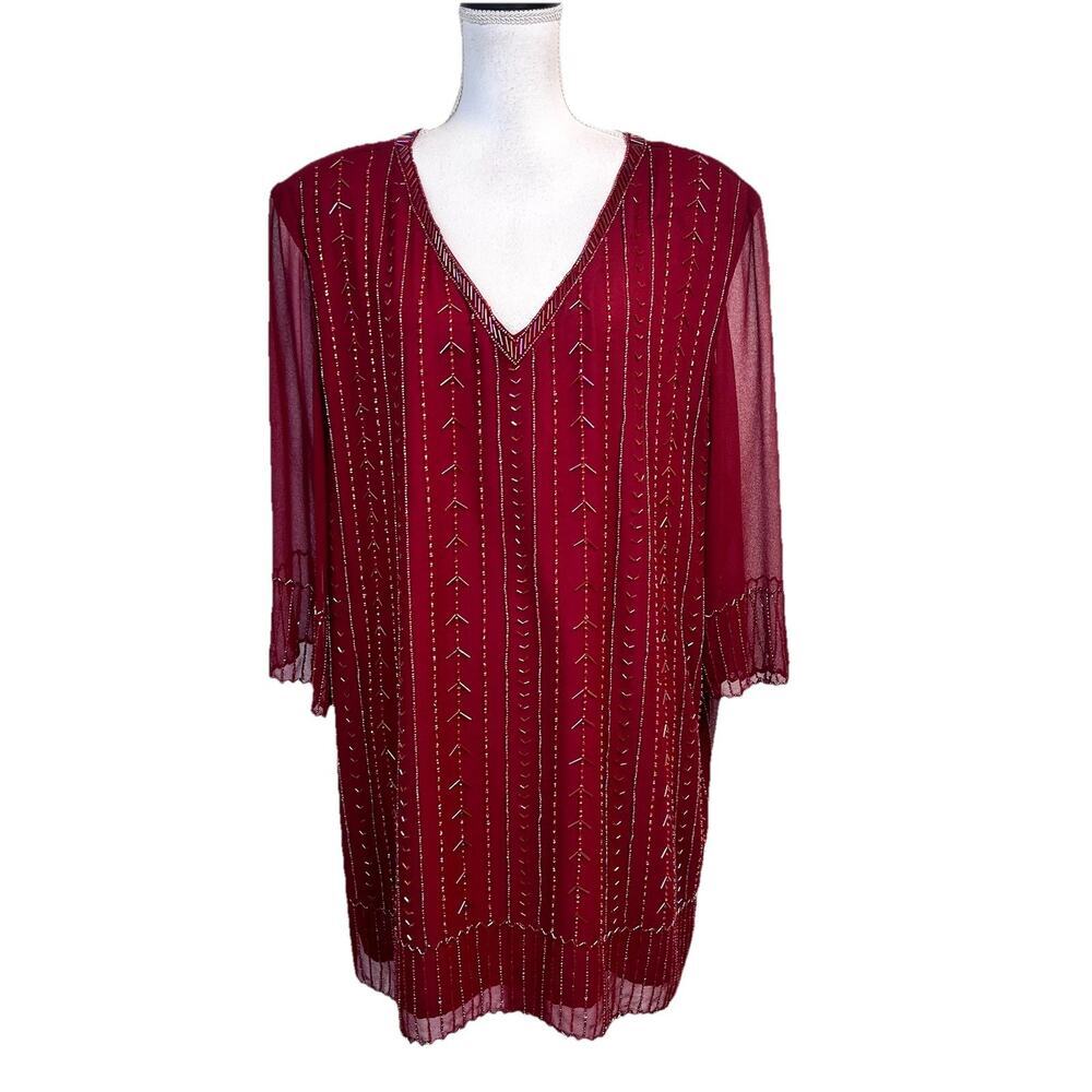Brownstone Studio New York Blouse Plus sz 26W Dark Red Beaded Cocktail Wedding